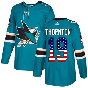 Herren San Jose Sharks Eishockey Trikot Joe Thornton #19 Authentic Teal Grün USA Flag Fashion